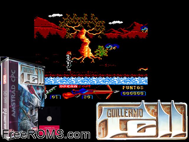 Guillermo Tell (S) (1990) [t1] Amstrad CPC game showing 3D box cover and gameplay screenshot